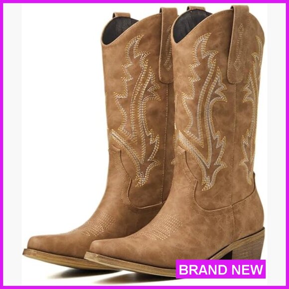 Chunky Heel Cowboy Boots Embroidered Western Style Mid Calf Booties